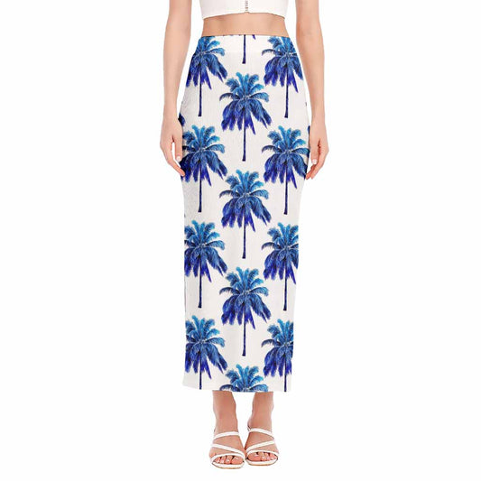 Blue Palm Tree Pattern Print Side Slit Maxi Skirt