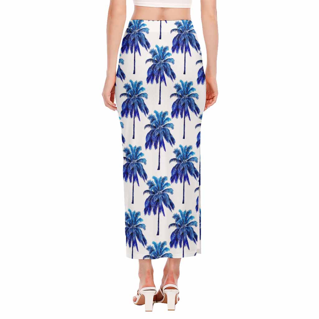 Blue Palm Tree Pattern Print Side Slit Maxi Skirt