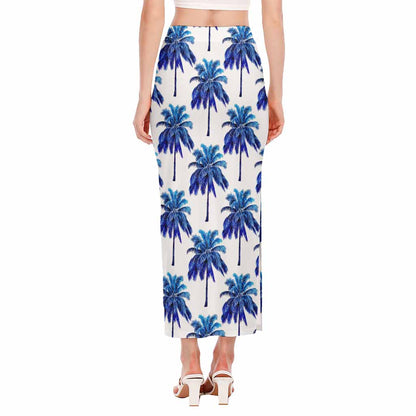 Blue Palm Tree Pattern Print Side Slit Maxi Skirt