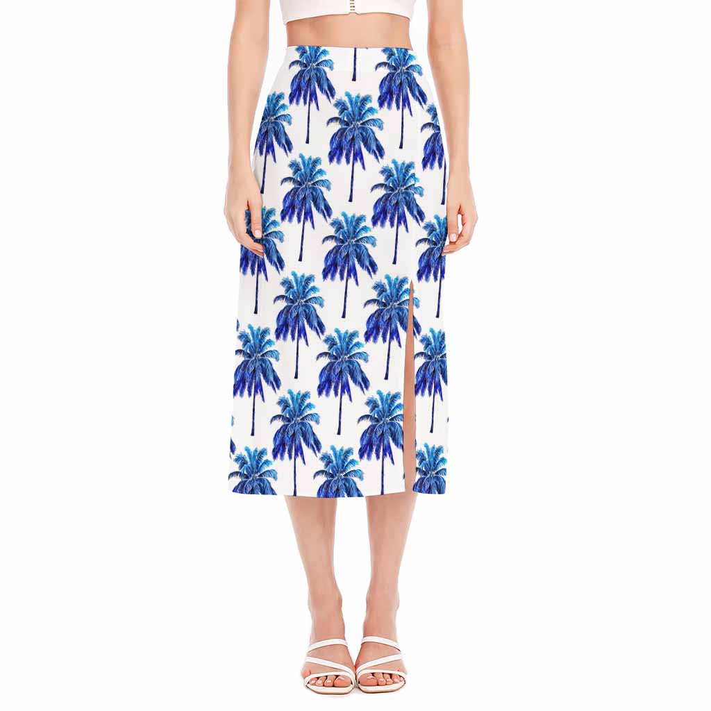 Blue Palm Tree Pattern Print Side Slit Midi Skirt
