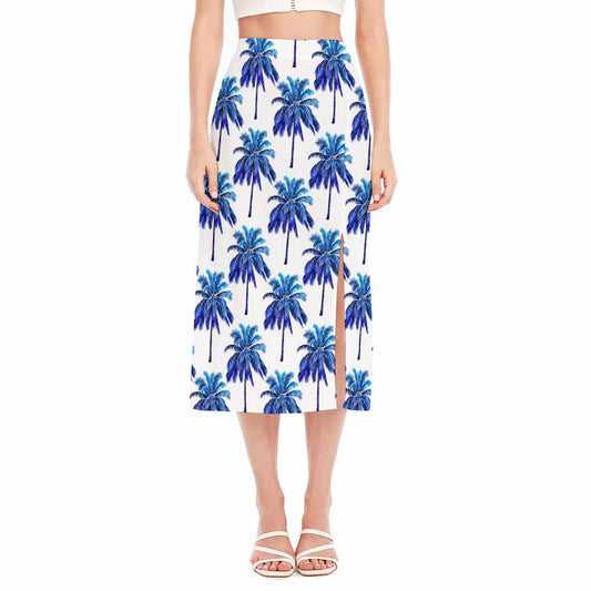 Blue Palm Tree Pattern Print Side Slit Midi Skirt