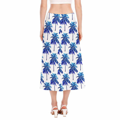 Blue Palm Tree Pattern Print Side Slit Midi Skirt