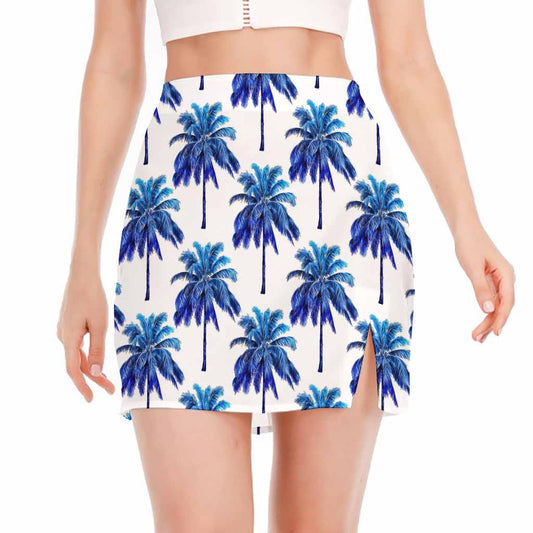 Blue Palm Tree Pattern Print Side Slit Mini Skirt