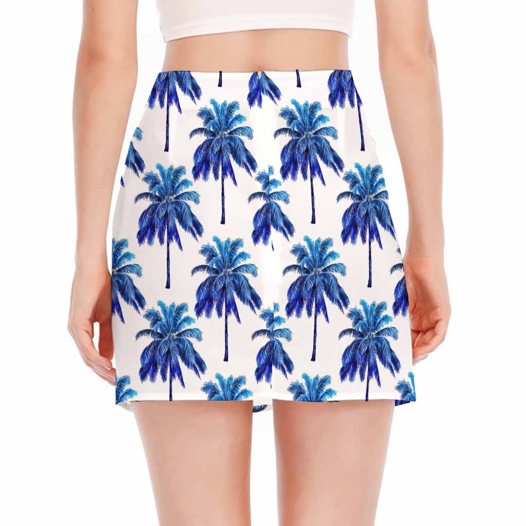 Blue Palm Tree Pattern Print Side Slit Mini Skirt