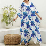 Blue Palm Tree Pattern Print Silk V-Neck Kaftan Dress
