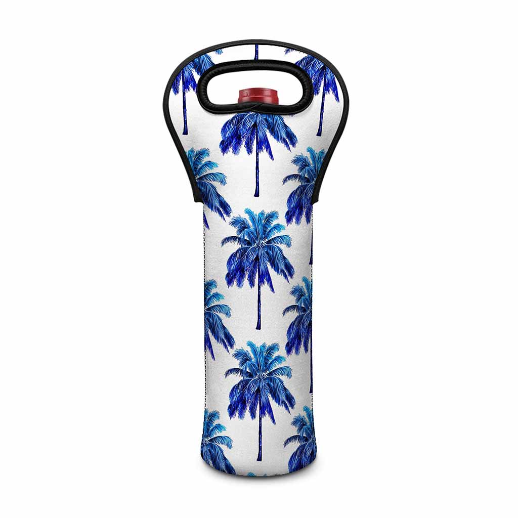Blue Palm Tree Pattern Print Single Neoprene Wine Tote