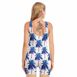 Blue Palm Tree Pattern Print Sleeveless One Piece Swimsuit