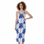 Blue Palm Tree Pattern Print Slim Fit Midi Cami Dress