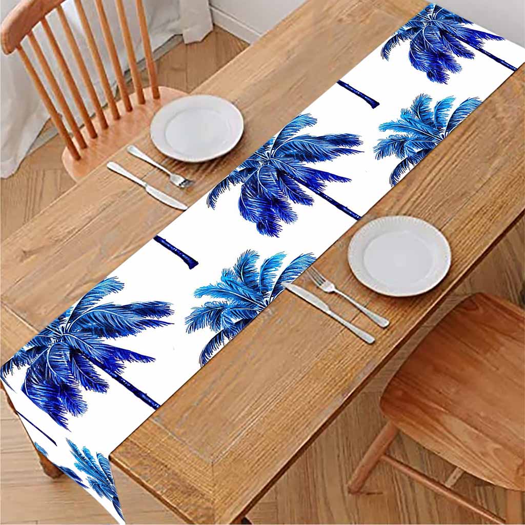 Blue Palm Tree Pattern Print Table Runner