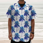 Blue Palm Tree Pattern Print Textured Short Sleeve Shirt