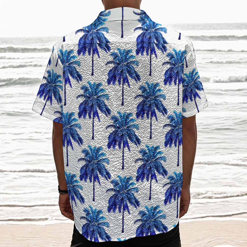 Blue Palm Tree Pattern Print Textured Short Sleeve Shirt