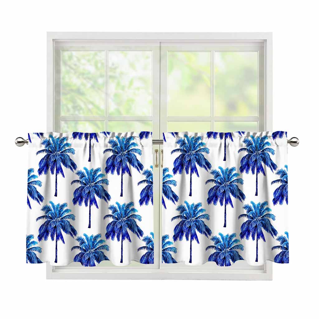 Blue Palm Tree Pattern Print Tier Curtains