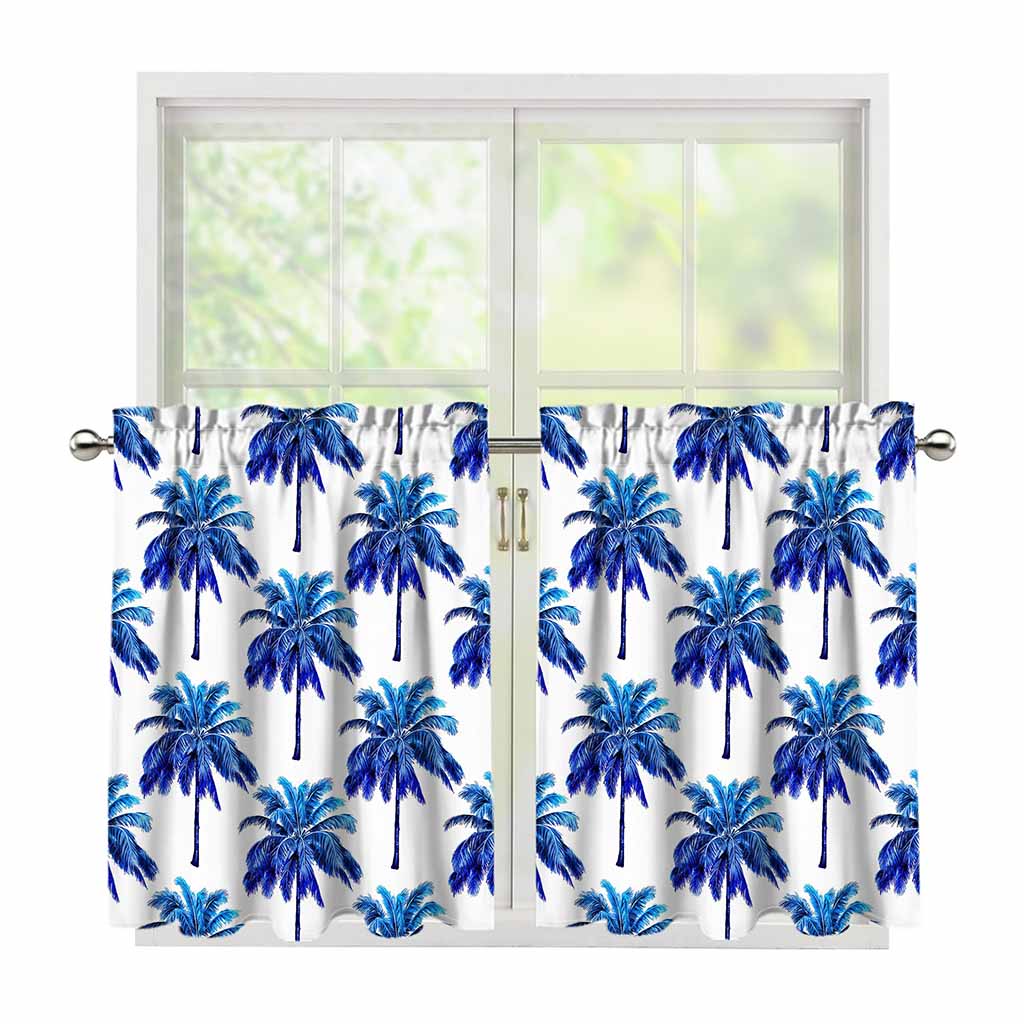 Blue Palm Tree Pattern Print Tier Curtains