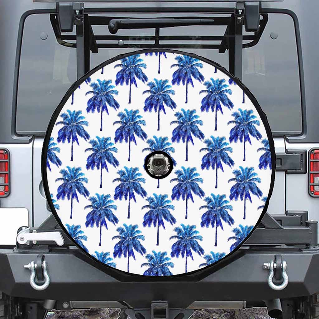 Blue Palm Tree Pattern Print Tire Cover With Camera Hole