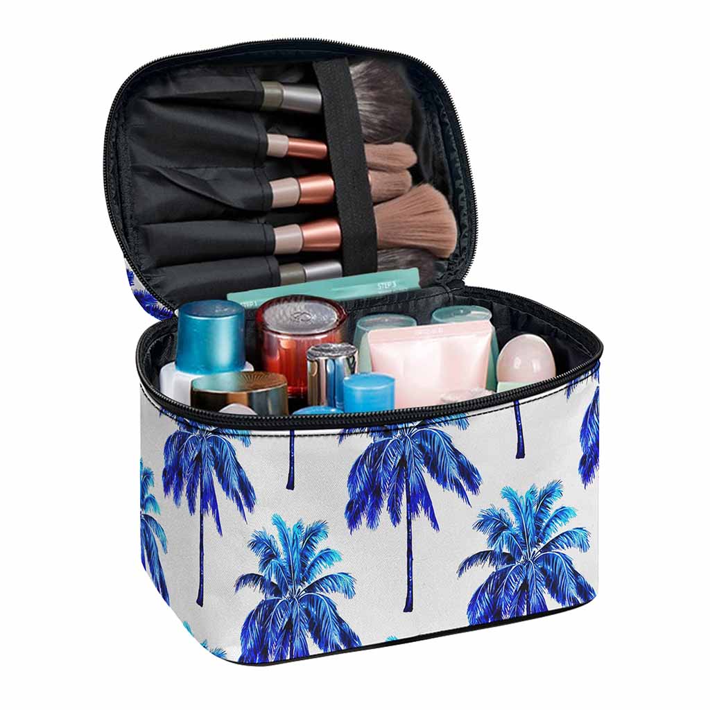 Blue Palm Tree Pattern Print Travel Makeup Bag