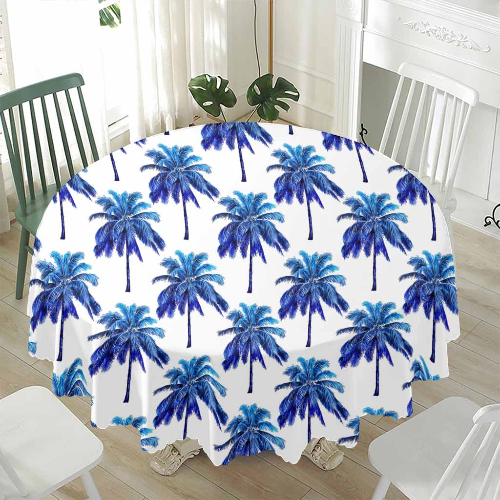 Blue Palm Tree Pattern Print Waterproof Round Tablecloth