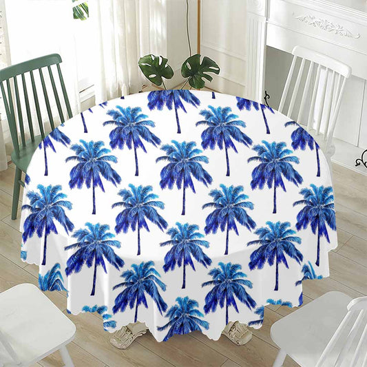 Blue Palm Tree Pattern Print Waterproof Round Tablecloth