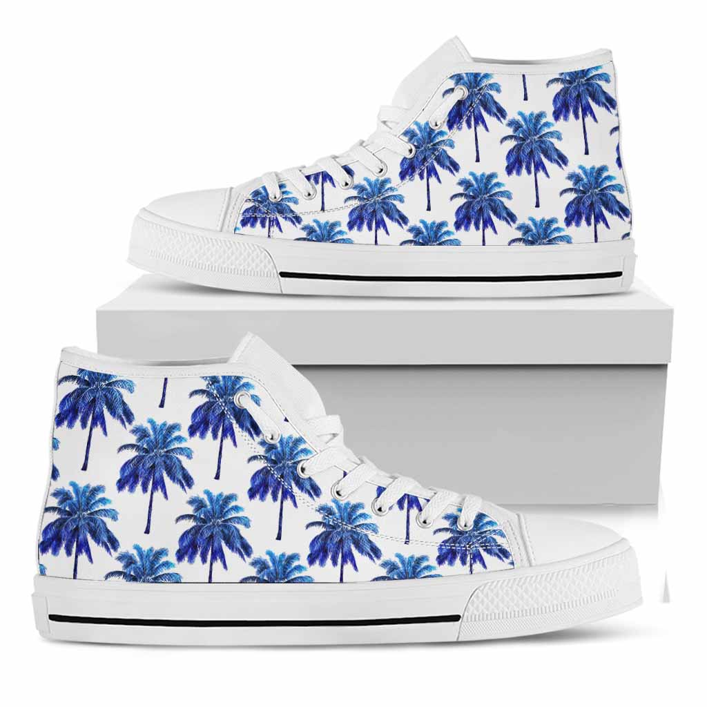 Blue Palm Tree Pattern Print White High Top Sneakers