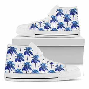 Blue Palm Tree Pattern Print White High Top Sneakers