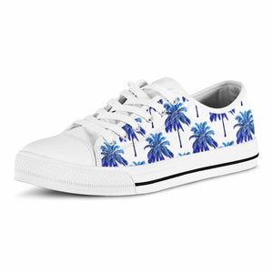 Blue Palm Tree Pattern Print White Low Top Sneakers