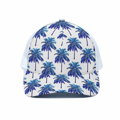 Blue Palm Tree Pattern Print White Mesh Trucker Cap