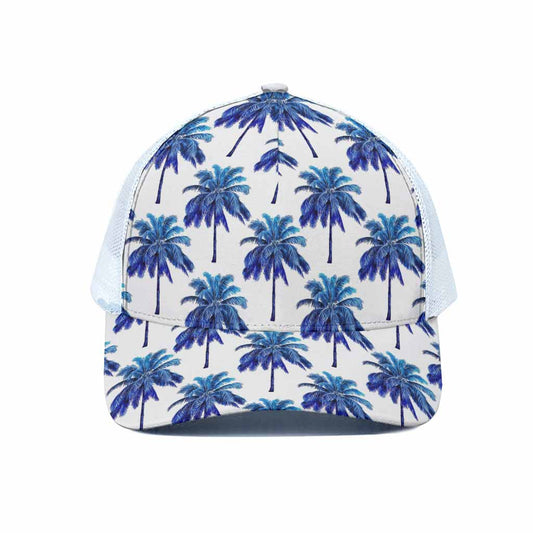 Blue Palm Tree Pattern Print White Mesh Trucker Cap