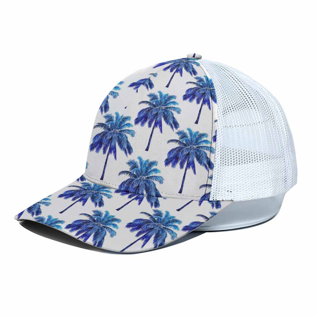 Blue Palm Tree Pattern Print White Mesh Trucker Cap