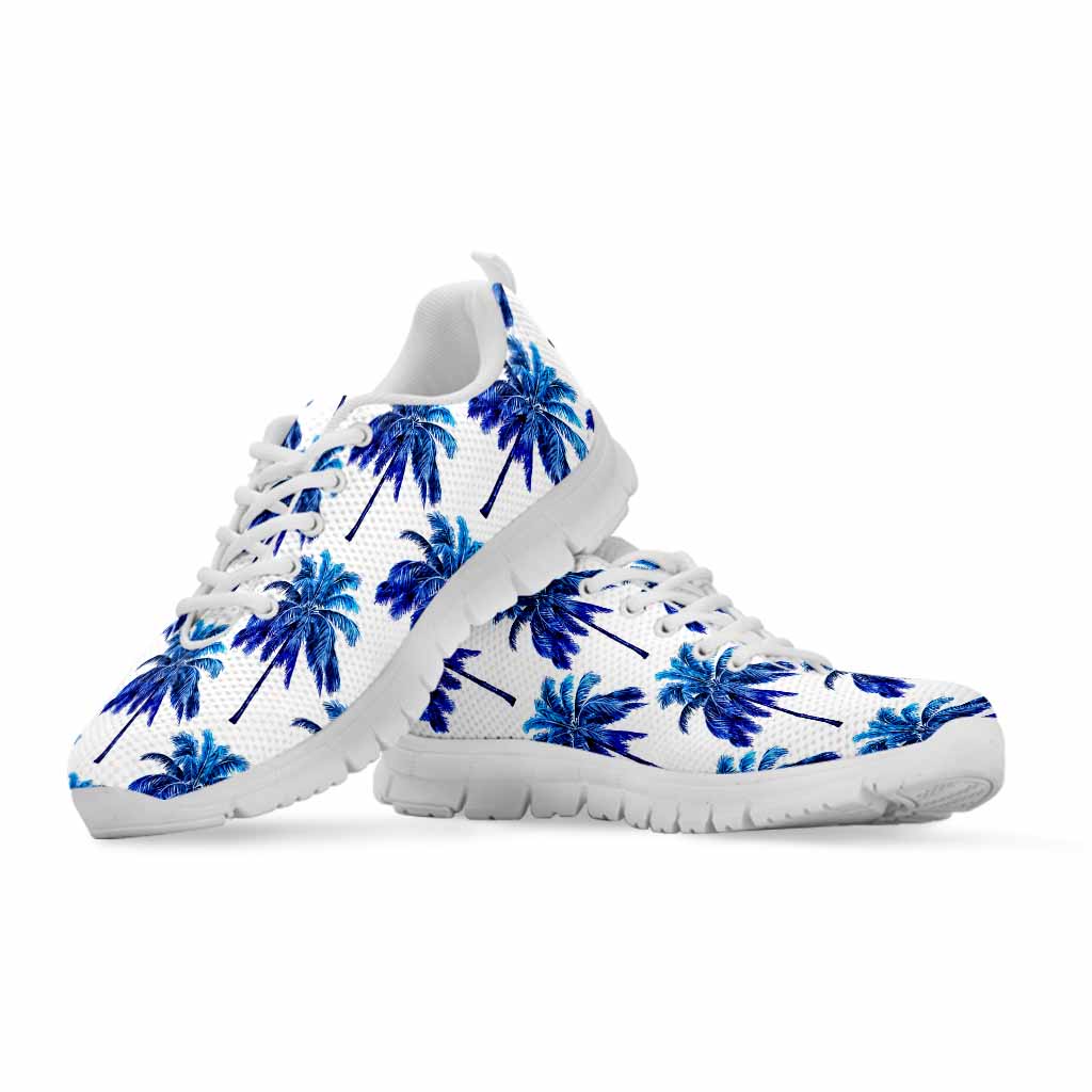 Blue Palm Tree Pattern Print White Running Shoes