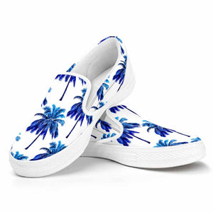 Blue Palm Tree Pattern Print White Slip On Sneakers