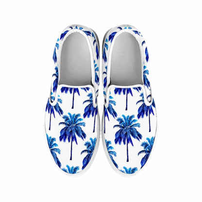 Blue Palm Tree Pattern Print White Slip On Sneakers