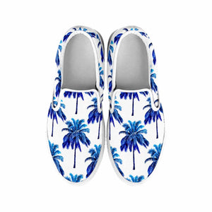 Blue Palm Tree Pattern Print White Slip On Sneakers