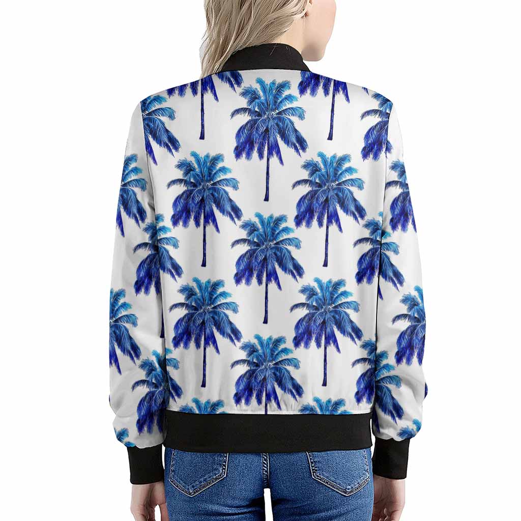 Blue Palm Tree Pattern Print Women's Bomber Jacket