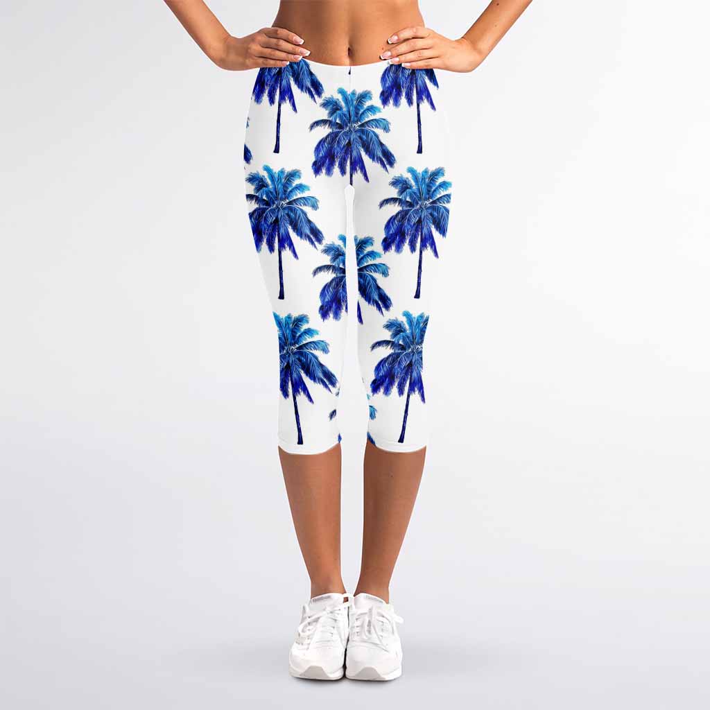 Blue Palm Tree Pattern Print Women's Capri Leggings