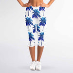 Blue Palm Tree Pattern Print Women's Capri Leggings