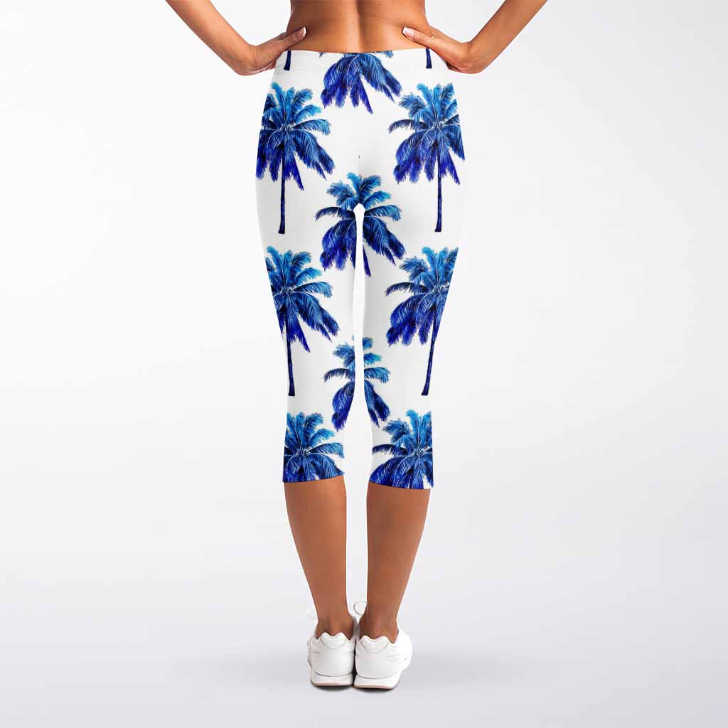 Blue Palm Tree Pattern Print Women's Capri Leggings