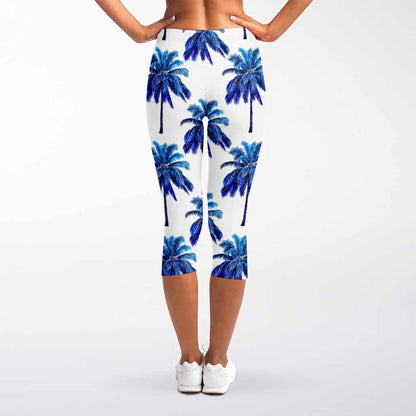 Blue Palm Tree Pattern Print Women's Capri Leggings