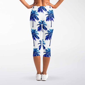 Blue Palm Tree Pattern Print Women's Capri Leggings