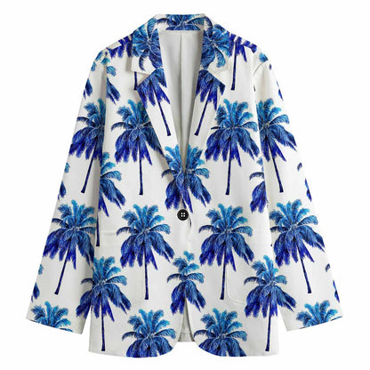 Blue Palm Tree Pattern Print Women's Cotton Blazer