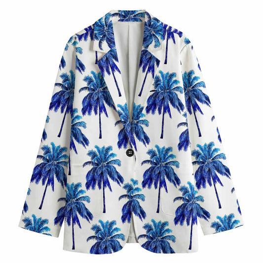 Blue Palm Tree Pattern Print Women's Cotton Blazer