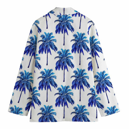 Blue Palm Tree Pattern Print Women's Cotton Blazer