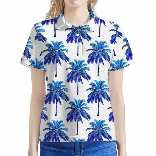 Blue Palm Tree Pattern Print Women's Polo Shirt