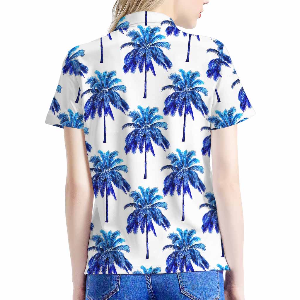 Blue Palm Tree Pattern Print Women's Polo Shirt