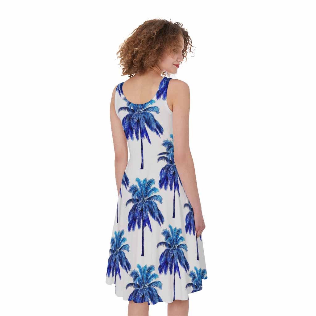 Blue Palm Tree Pattern Print Women's Sleeveless Dress