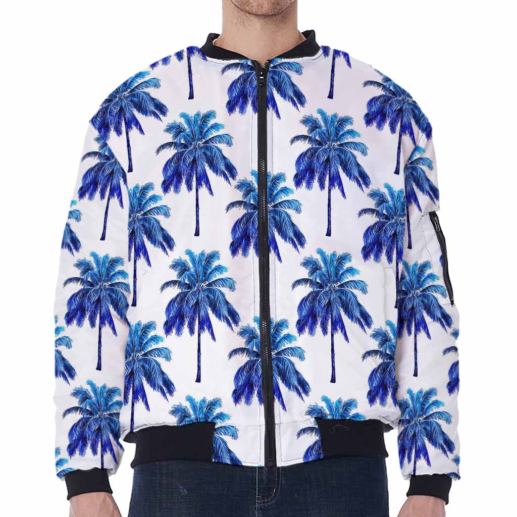 Blue Palm Tree Pattern Print Zip Sleeve Bomber Jacket