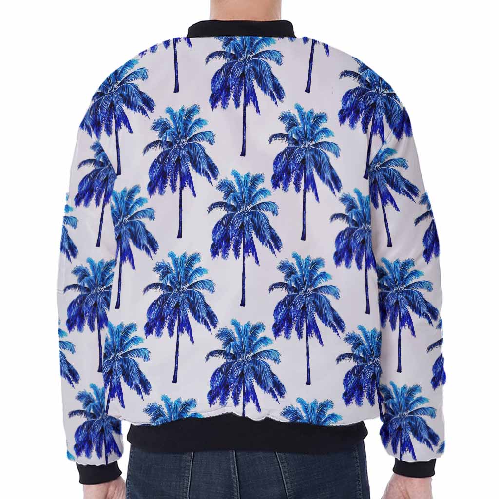 Blue Palm Tree Pattern Print Zip Sleeve Bomber Jacket