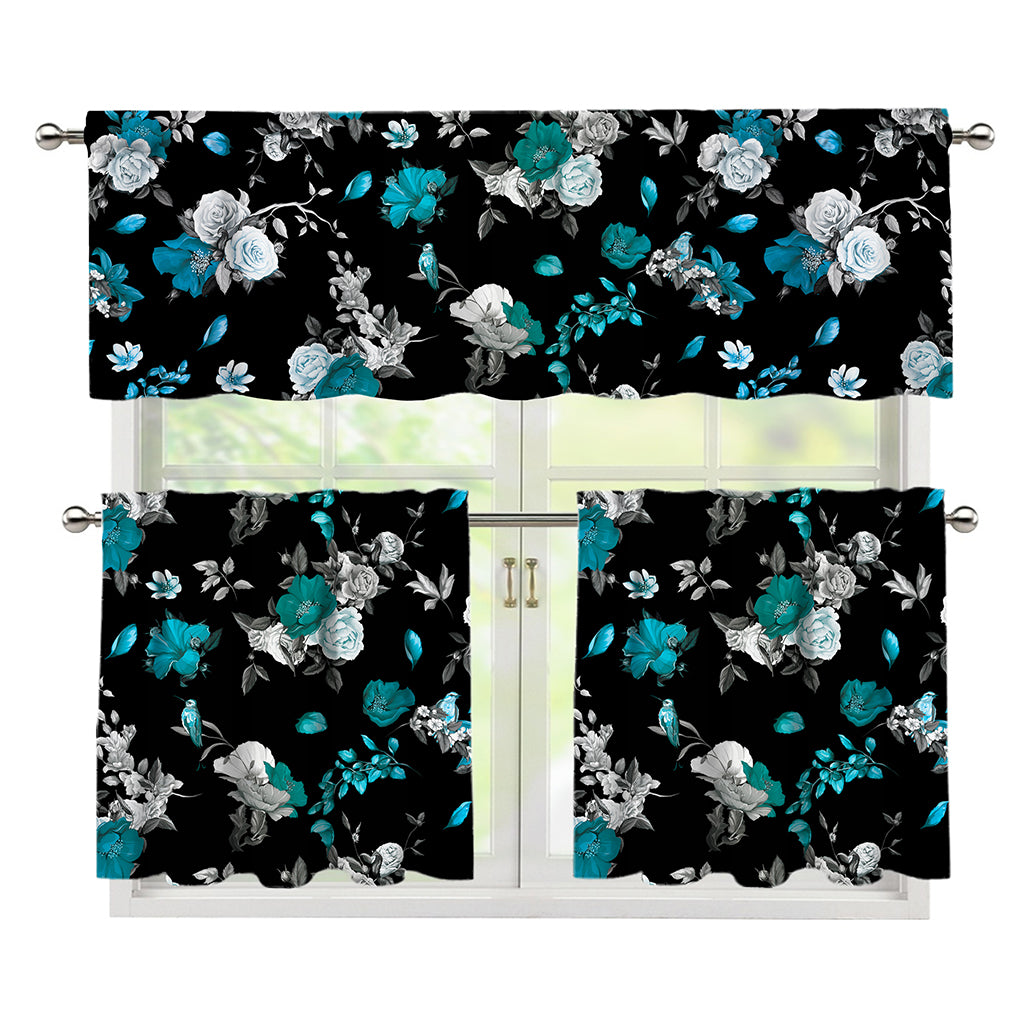 Blue Peony And Grey Rose Floral Print 3 Piece Kitchen Curtains
