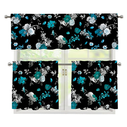 Blue Peony And Grey Rose Floral Print 3 Piece Kitchen Curtains