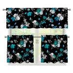 Blue Peony And Grey Rose Floral Print 3 Piece Kitchen Curtains