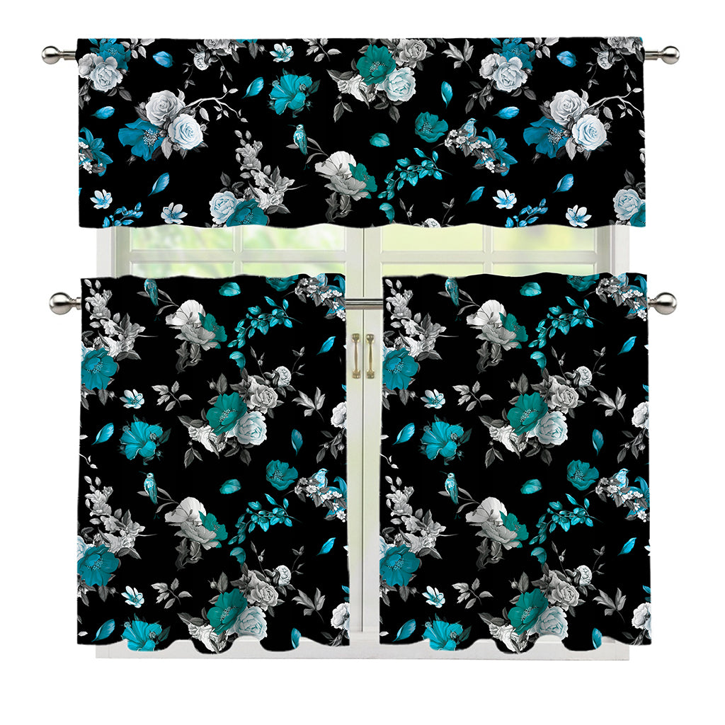 Blue Peony And Grey Rose Floral Print 3 Piece Kitchen Curtains