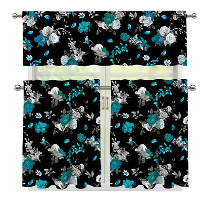 Blue Peony And Grey Rose Floral Print 3 Piece Kitchen Curtains